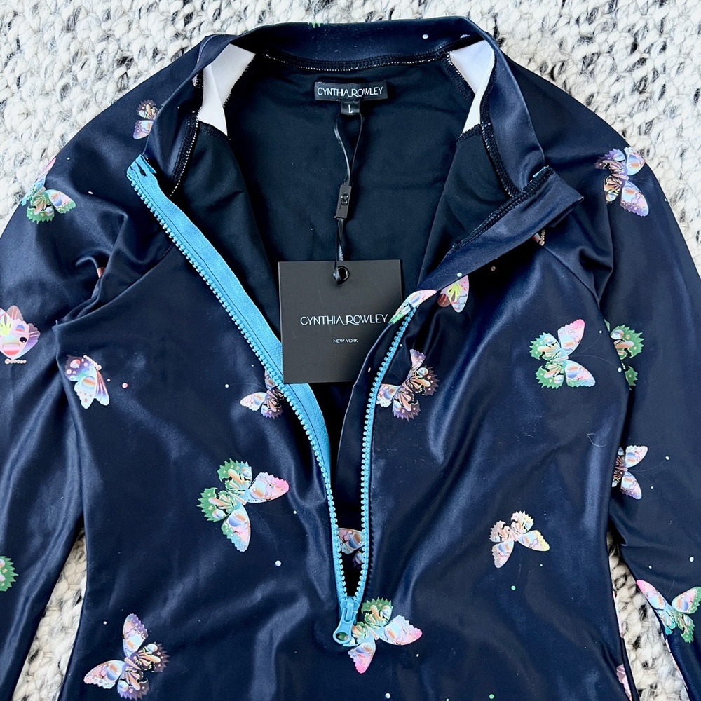 Cynthia Rowley black blue pink butterfly print front zip surf swimsuit - Picture 4 of 9
